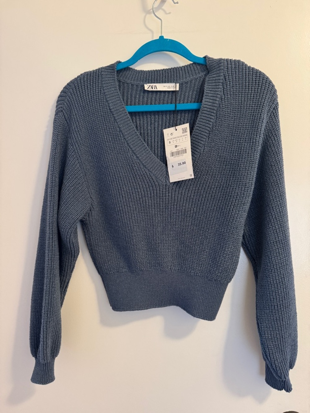 Zara V-Neck Textured Knit Sweater in Dusty Blue